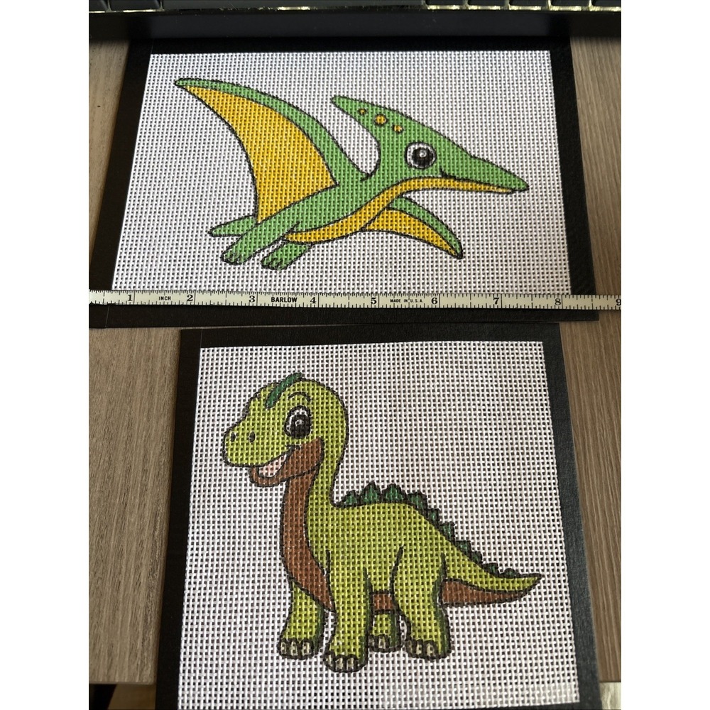 Lot Of 2 Hand Painted Green Dinosaur cross stitch Needlepoints Canvases 14 Mesh - Picture 3 of 4